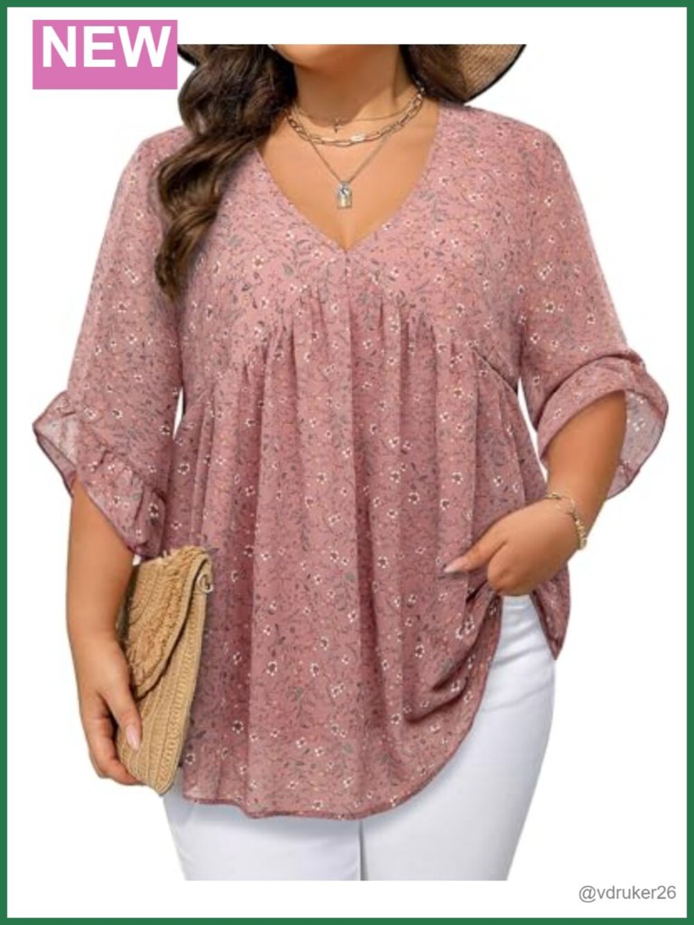Plus Size Chiffon Babydoll Blouse 3/4 Ruffle Sleeve V-Neck Tunic Top